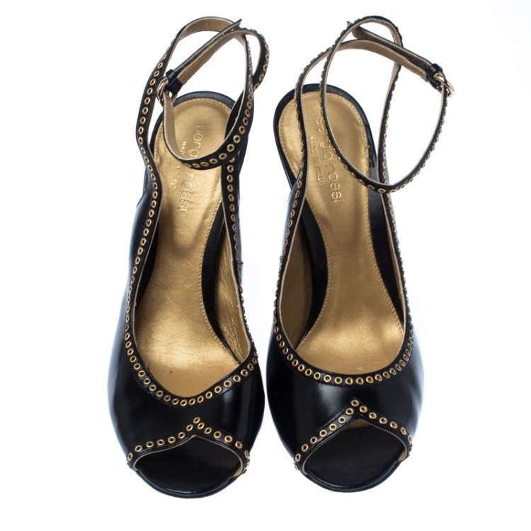 Pre Owned Sergio Black Eyelet Leather Peep Toe Slingback Sandals Size 38