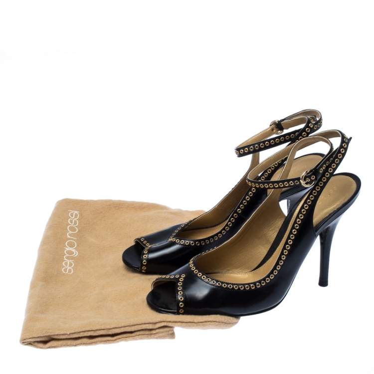 Pre Owned Sergio Black Eyelet Leather Peep Toe Slingback Sandals Size 38