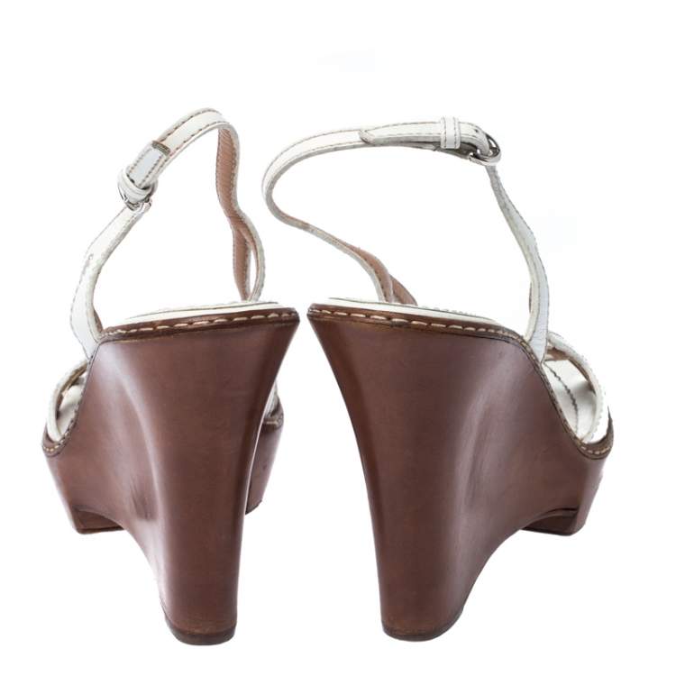 Pre Owned  Sergio Rossi White Leather Slingback Wedge Sandals Size 37