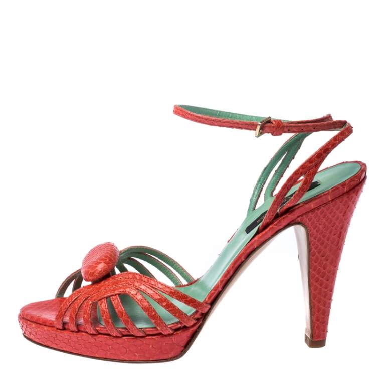 Pre Owned Sergio Rossi Pink Python Leather Ankle Strap Platform Sandals Size 37