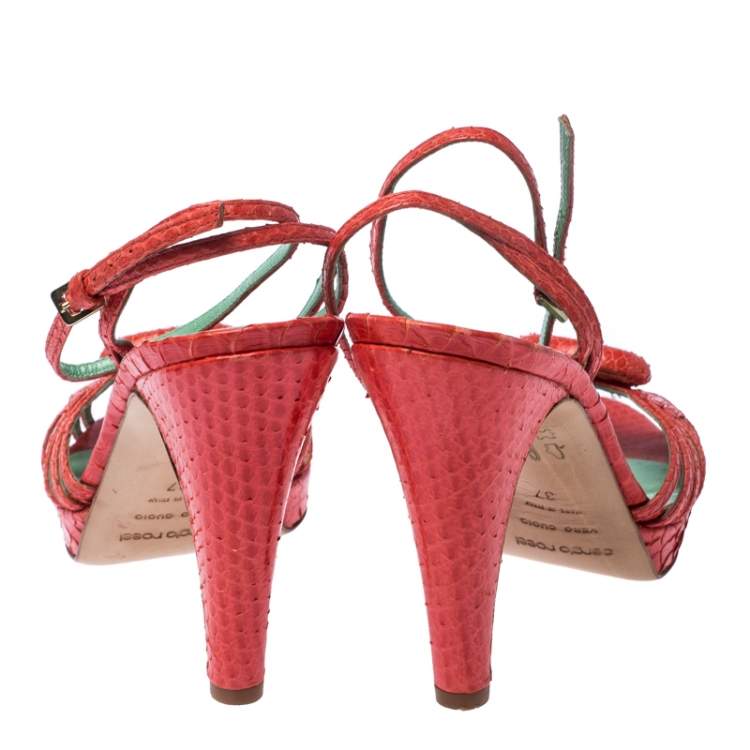 Pre Owned Sergio Rossi Pink Python Leather Ankle Strap Platform Sandals Size 37