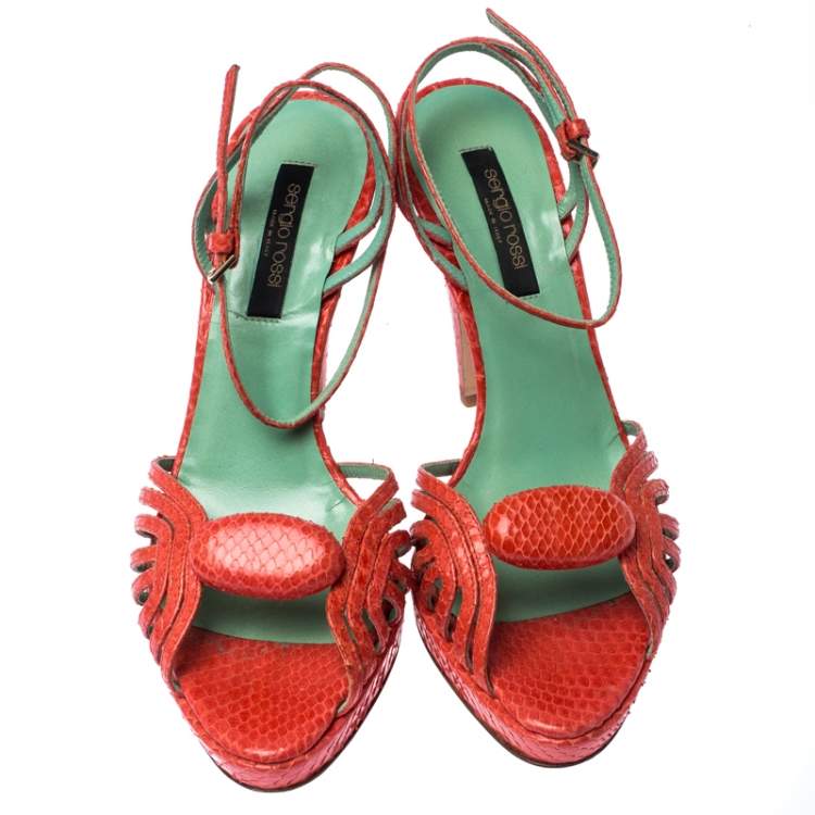 Pre Owned Sergio Rossi Pink Python Leather Ankle Strap Platform Sandals Size 37