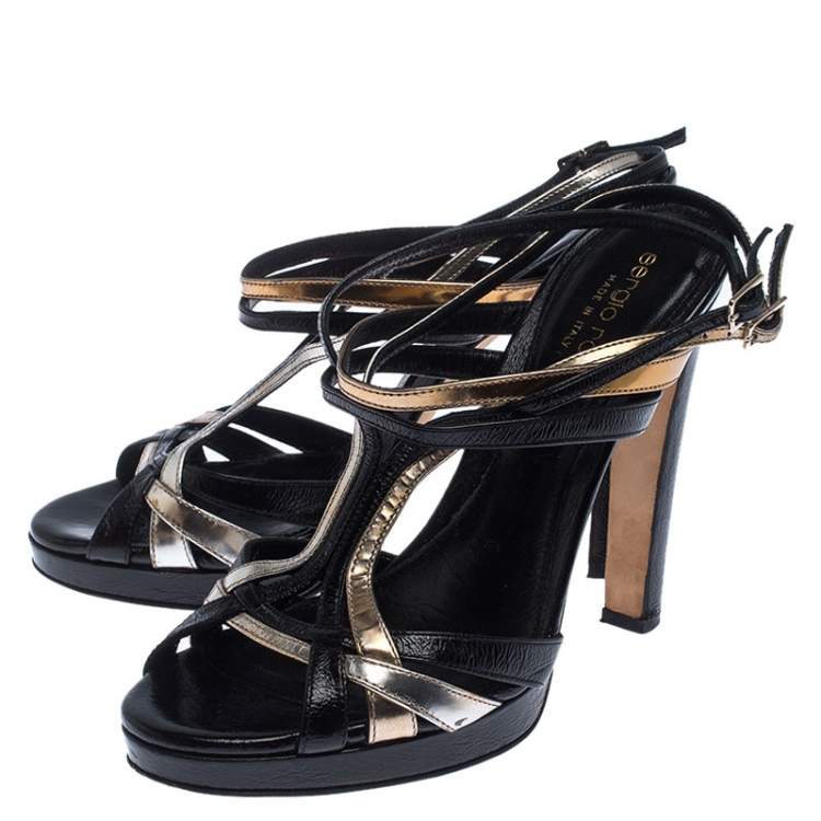 Pre Owned Sergio Rossi Black/Gold Leather Ankle Strap Platform Sandals Size 36