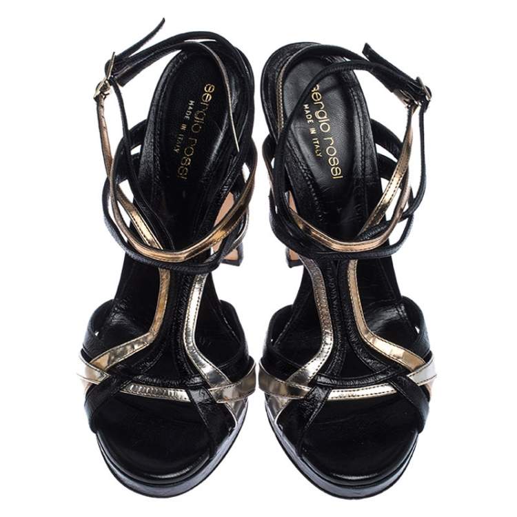 Pre Owned Sergio Rossi Black/Gold Leather Ankle Strap Platform Sandals Size 36