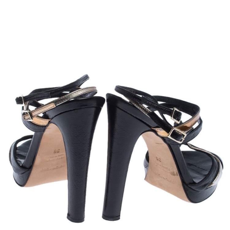 Pre Owned Sergio Rossi Black/Gold Leather Ankle Strap Platform Sandals Size 36