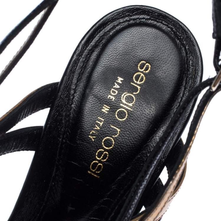 Pre Owned Sergio Rossi Black/Gold Leather Ankle Strap Platform Sandals Size 36