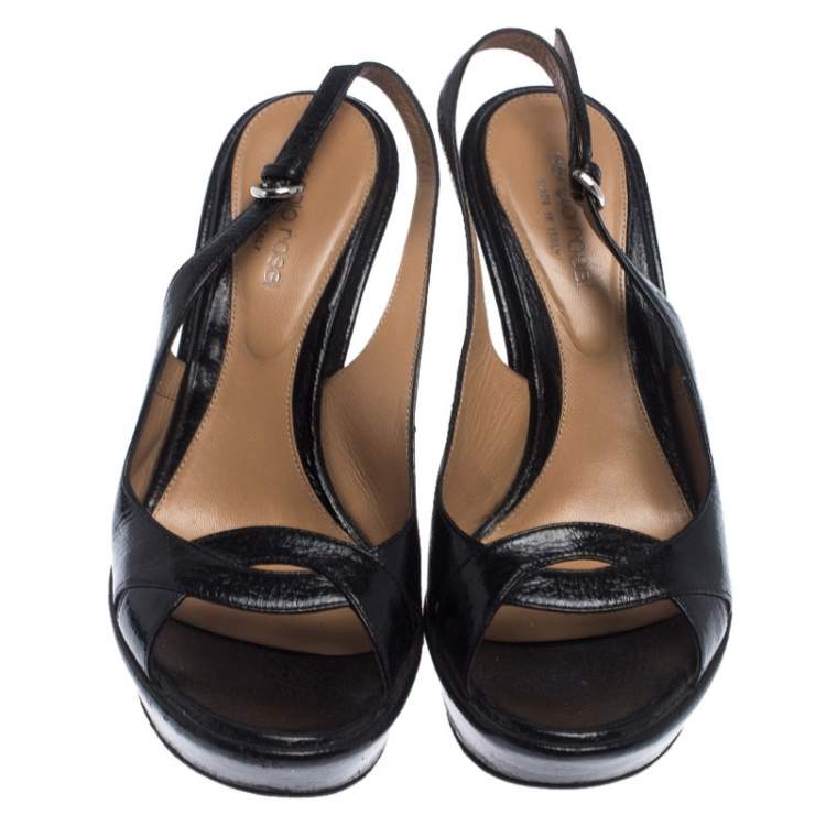Pre Owned Sergio Rossi Black Patent Leather Wedge Platform Ankle Strap Sandals Size 38