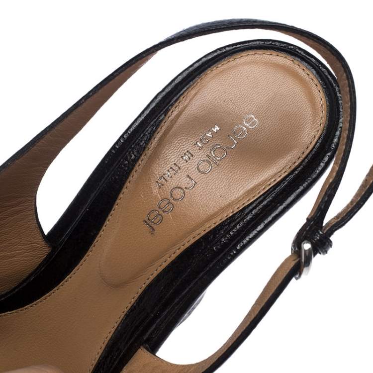 Pre Owned Sergio Rossi Black Patent Leather Wedge Platform Ankle Strap Sandals Size 38