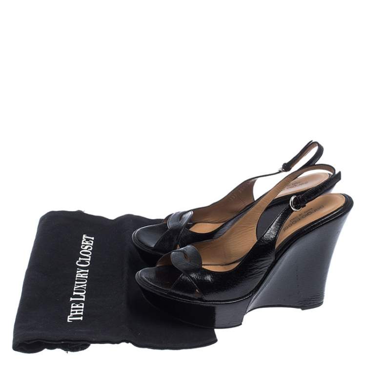 Pre Owned Sergio Rossi Black Patent Leather Wedge Platform Ankle Strap Sandals Size 38