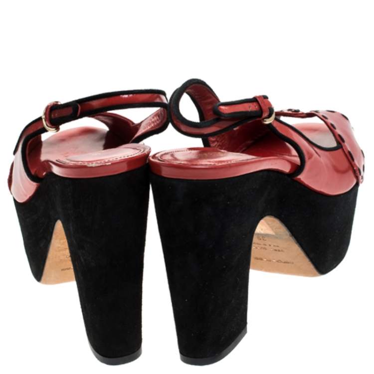 Pre Owned Sergio Rossi Red/Black Patent Leather And Suede Slingback Platform Sandals Size 39