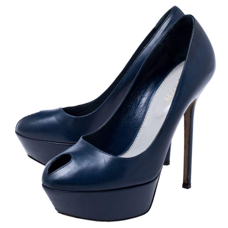 Pre Owned Sergio Rossi Blue Leather Peep Toe Platform Pumps Size 37