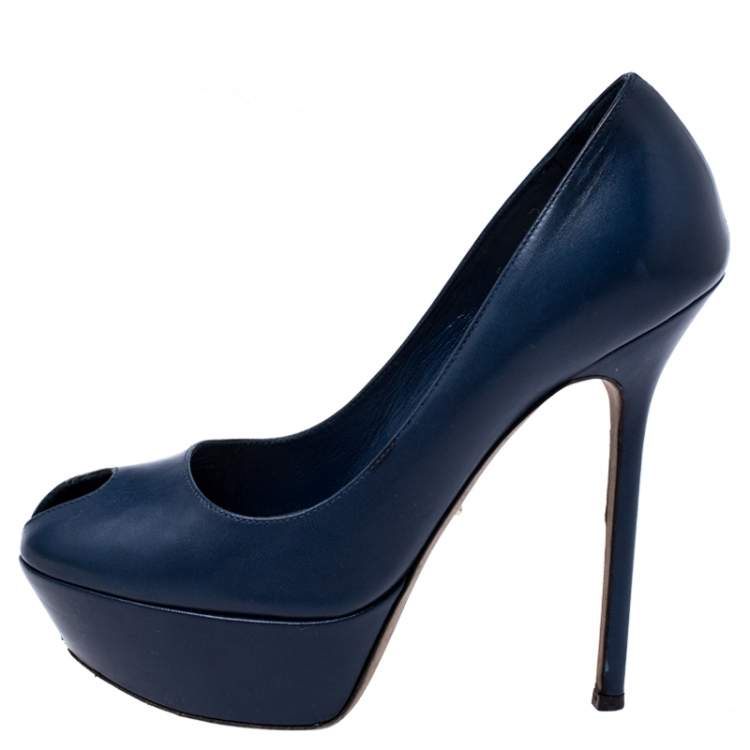 Pre Owned Sergio Rossi Blue Leather Peep Toe Platform Pumps Size 37