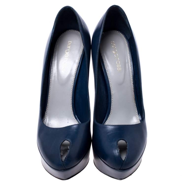 Pre Owned Sergio Rossi Blue Leather Peep Toe Platform Pumps Size 37