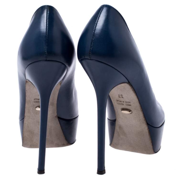 Pre Owned Sergio Rossi Blue Leather Peep Toe Platform Pumps Size 37