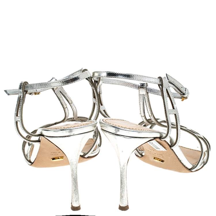 Pre Owned Sergio Rossi Metallic Silver Strappy Sandals Size 40