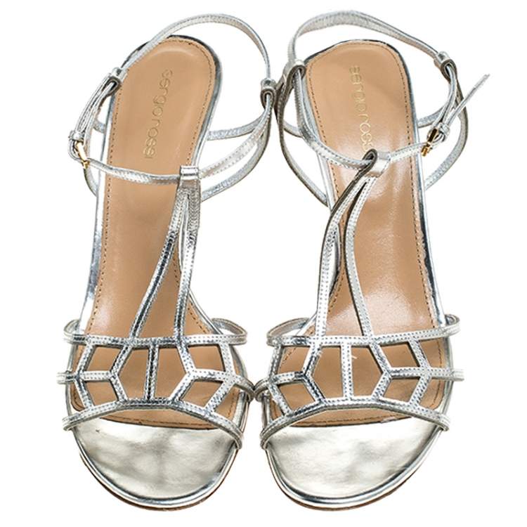 Pre Owned Sergio Rossi Metallic Silver Strappy Sandals Size 40