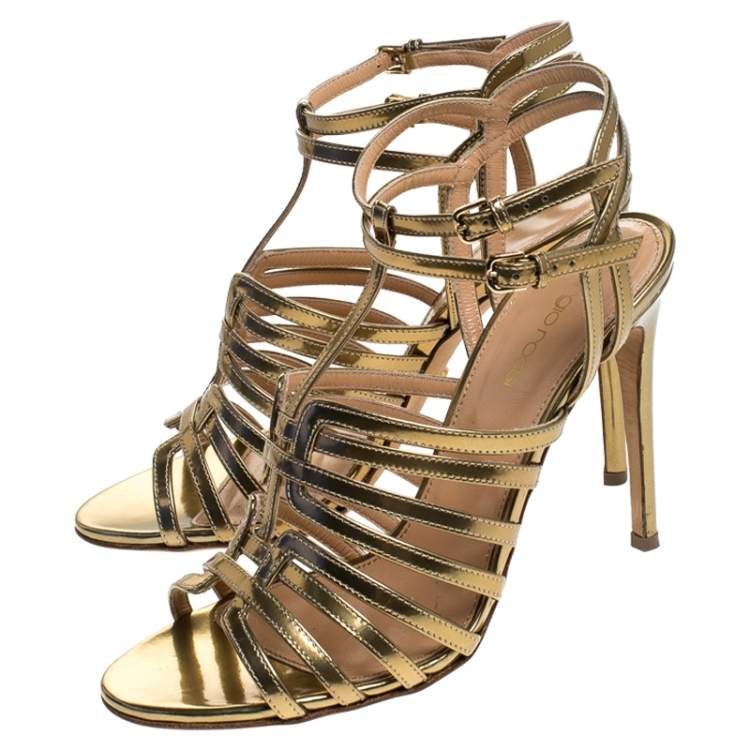Pre Owned Sergio Rossi Gold Patent Leather Ines High Strappy Sandals Size 37.5