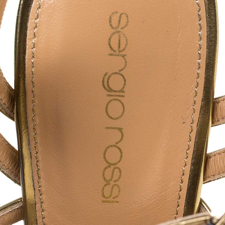 Pre Owned Sergio Rossi Gold Patent Leather Ines High Strappy Sandals Size 37.5