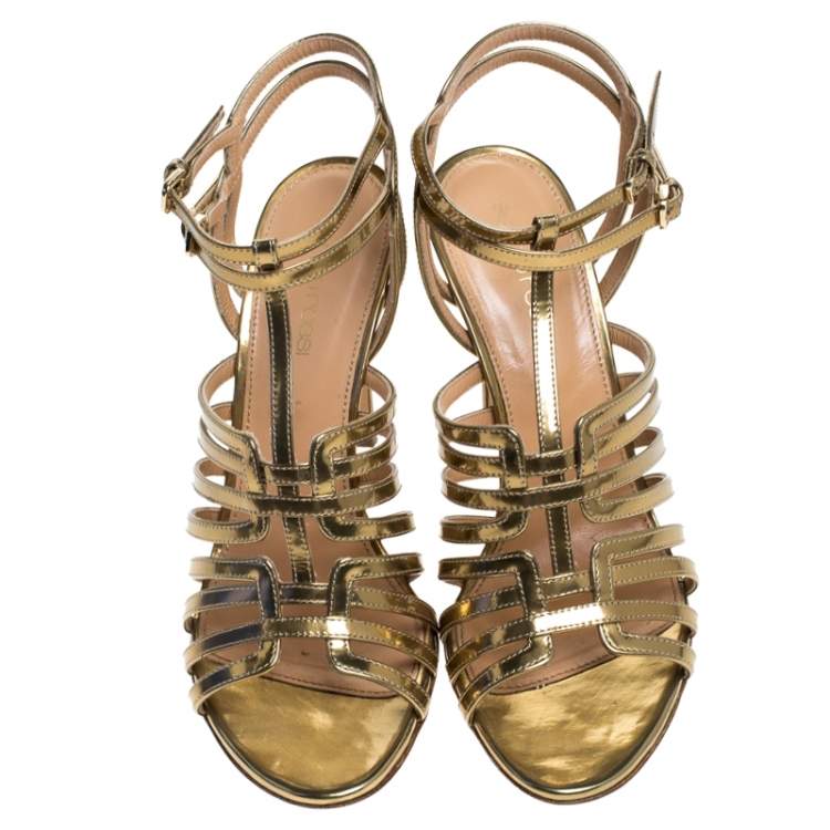 Pre Owned Sergio Rossi Gold Patent Leather Ines High Strappy Sandals Size 37.5