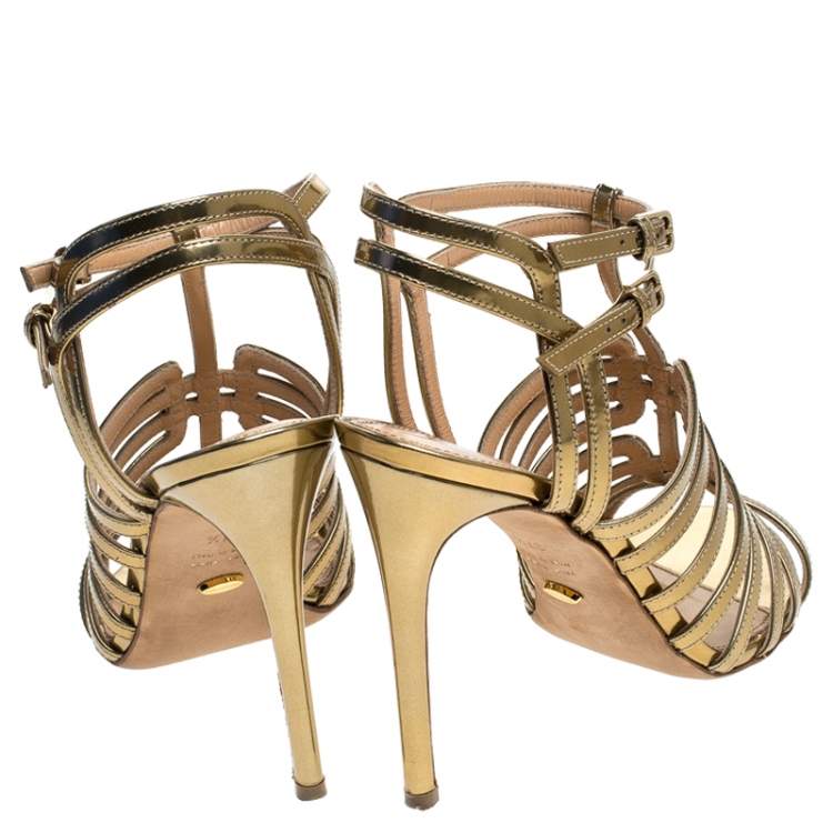 Pre Owned Sergio Rossi Gold Patent Leather Ines High Strappy Sandals Size 37.5