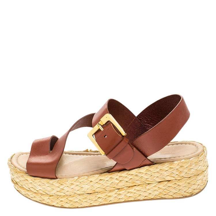 Pre Owned Sergio Rossi Brown Leather Espadrille Open Toe Ankle Strap Platform Sandals Size 36