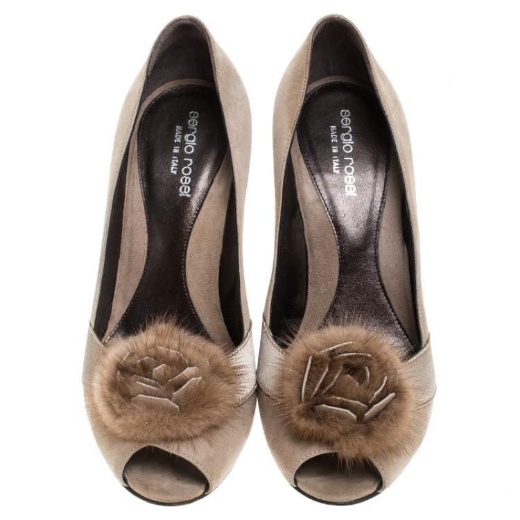 Pre Owned Sergio Rossi Beige Suede And Fur Bow Peep Toe Pumps Size 37.5