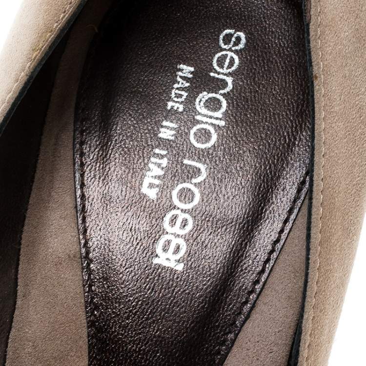 Pre Owned Sergio Rossi Beige Suede And Fur Bow Peep Toe Pumps Size 37.5