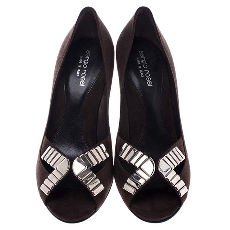 Pre Owned Sergio Rossi Brown Suede Metal Embellished Peep Toe Pumps Size 37.5