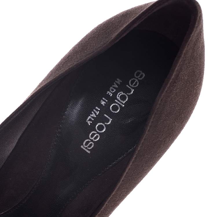 Pre Owned Sergio Rossi Brown Suede Metal Embellished Peep Toe Pumps Size 37.5