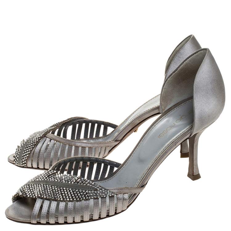 Pre Owned Sergio Rossi Grey Satin Crystal Embellished Peep Toe Pumps Size 38