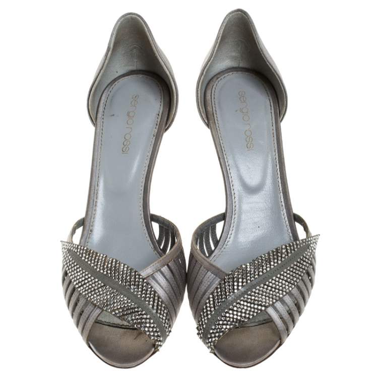 Pre Owned Sergio Rossi Grey Satin Crystal Embellished Peep Toe Pumps Size 38