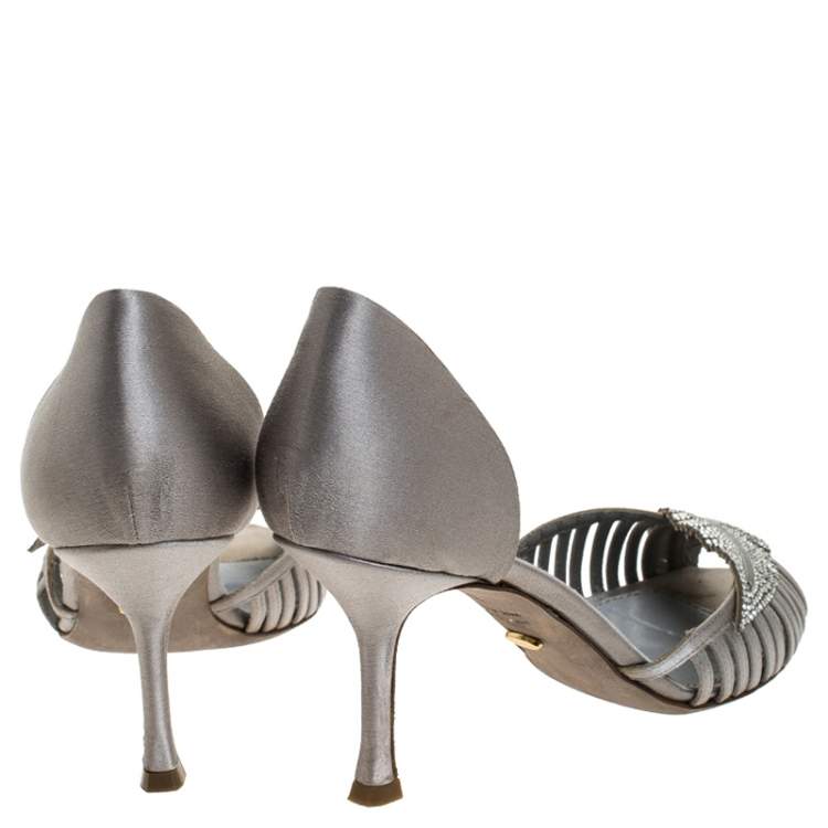 Pre Owned Sergio Rossi Grey Satin Crystal Embellished Peep Toe Pumps Size 38