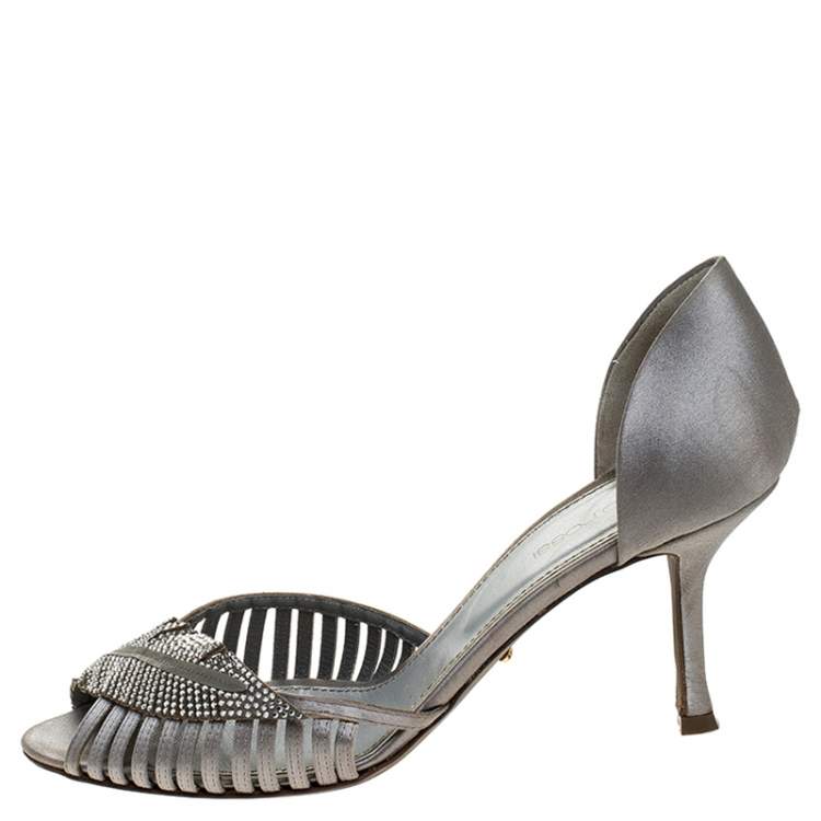 Pre Owned Sergio Rossi Grey Satin Crystal Embellished Peep Toe Pumps Size 38