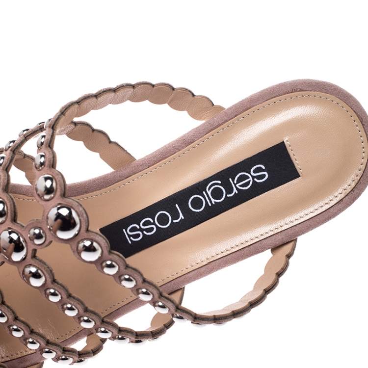 Pre Owned Sergio Rossi Beige Suede Studded Strappy Flat Slides Size 37