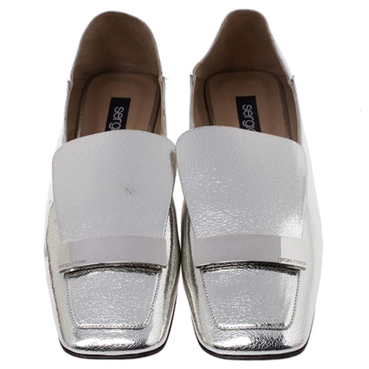 Pre Owned Sergio Rossi Silver Metallic Leather SR1 Loafers Size 41