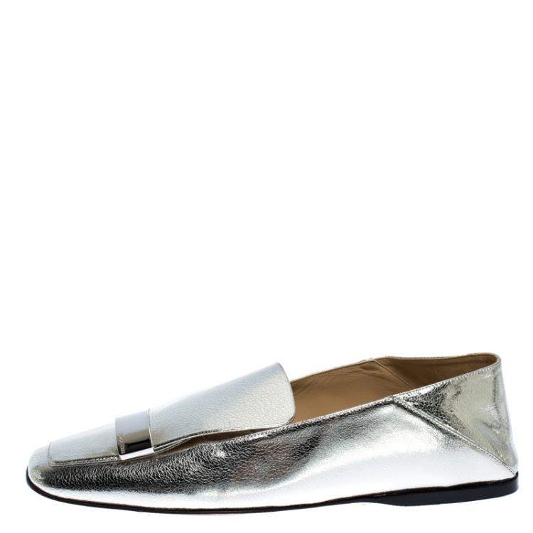 Pre Owned Sergio Rossi Silver Metallic Leather SR1 Loafers Size 41