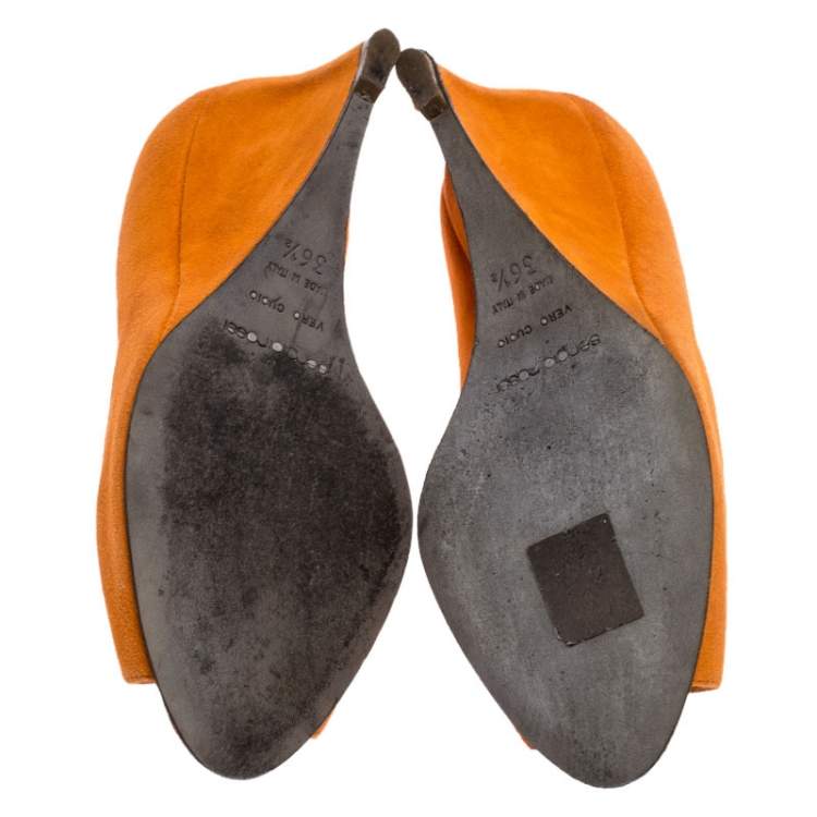 Pre Owned Sergio Rossi Orange Suede Peep Toe Wedge Pumps Size 36.5