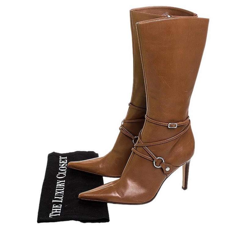 Pre Owned Sergio Rossi Tan Leather Buckle Detail Pointed Toe Mid Calf Boots Size 37