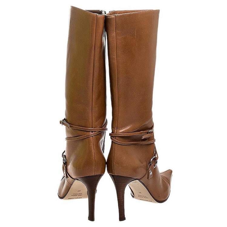 Pre Owned Sergio Rossi Tan Leather Buckle Detail Pointed Toe Mid Calf Boots Size 37