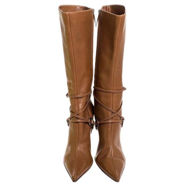 Pre Owned Sergio Rossi Tan Leather Buckle Detail Pointed Toe Mid Calf Boots Size 37