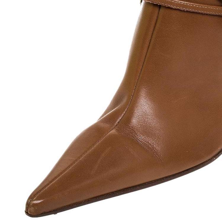 Pre Owned Sergio Rossi Tan Leather Buckle Detail Pointed Toe Mid Calf Boots Size 37