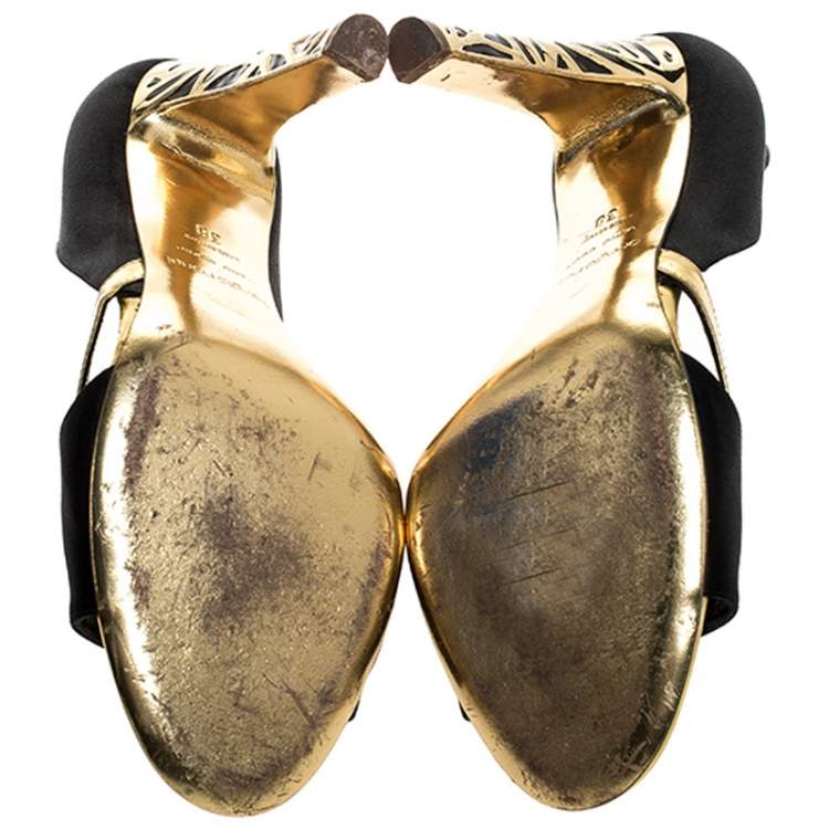 Pre Owned Sergio Rossi Black/Gold Satin Open Toe Sandals Size 38