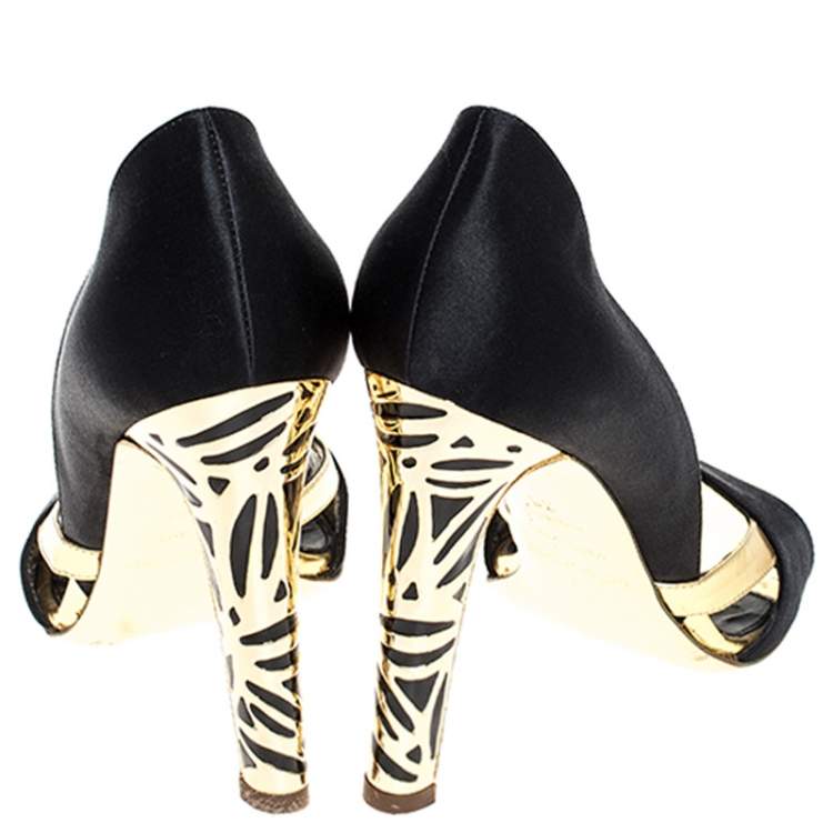 Pre Owned Sergio Rossi Black/Gold Satin Open Toe Sandals Size 38