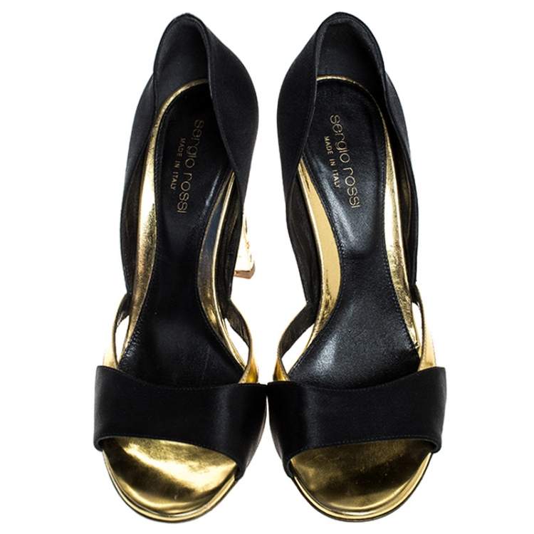Pre Owned Sergio Rossi Black/Gold Satin Open Toe Sandals Size 38
