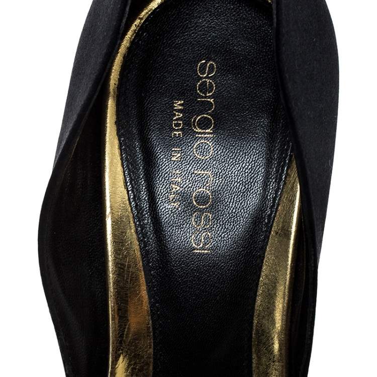 Pre Owned Sergio Rossi Black/Gold Satin Open Toe Sandals Size 38