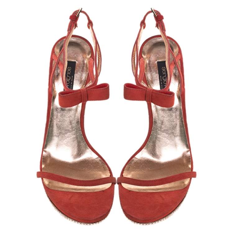 Pre Owned Sergio Rossi Red Suede Crystal Embellished Ankle Strap Platform Sandals Size 37
