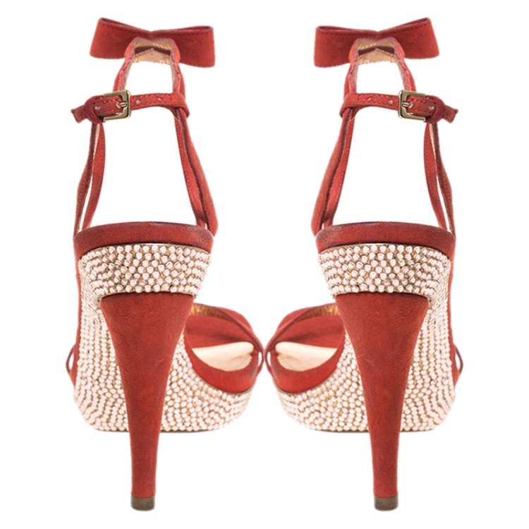 Pre Owned Sergio Rossi Red Suede Crystal Embellished Ankle Strap Platform Sandals Size 37