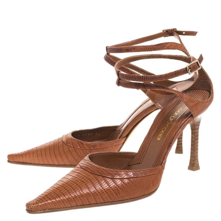 Pre Owned Sergio Rossi Brown Lizard Leather Pointed Toe Ankle Strap Sandals Size 36