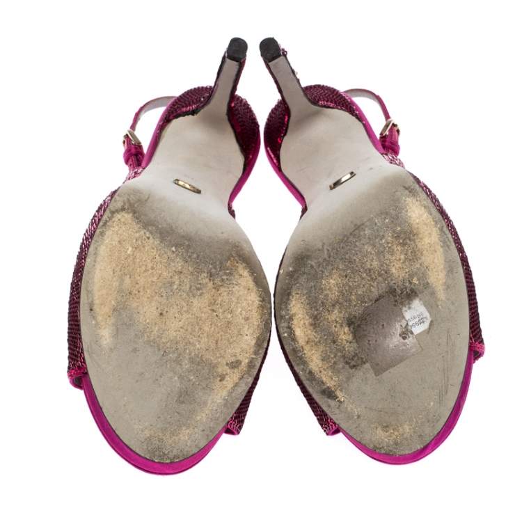 Pre Owned Sergio Rossi Pink Sequin Embellished Satin Peep Toe Slingback Sandals Size 38