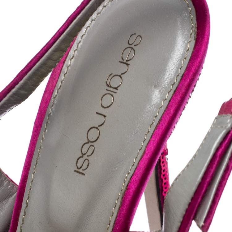 Pre Owned Sergio Rossi Pink Sequin Embellished Satin Peep Toe Slingback Sandals Size 38